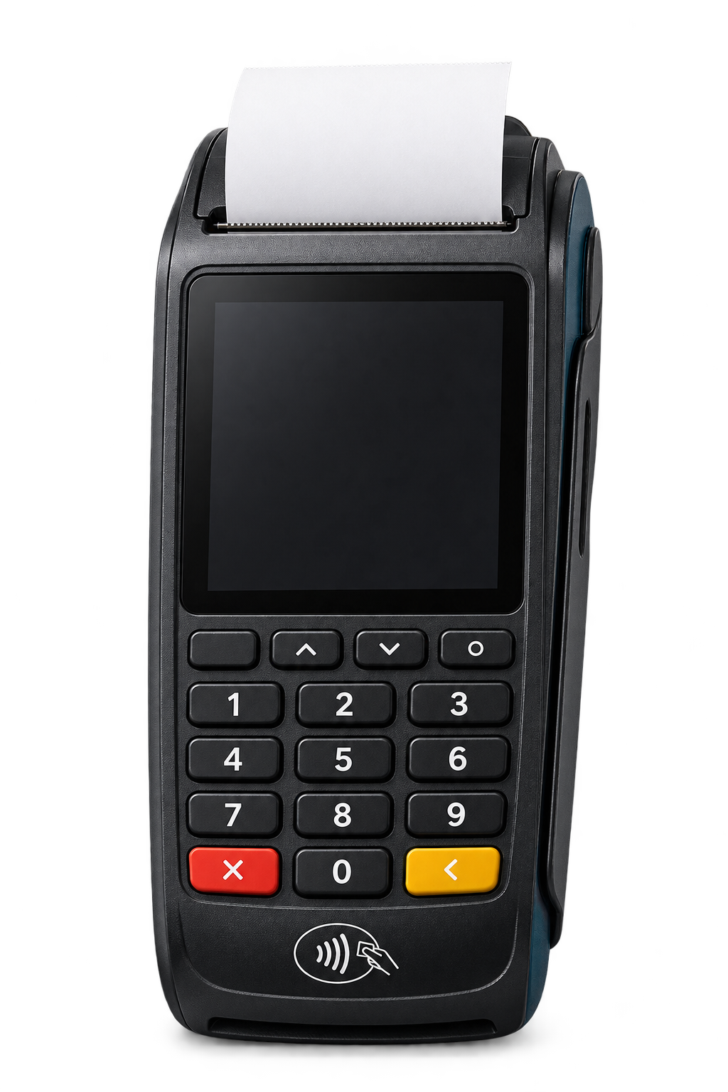 Terminal de pagamento com acabamento preto e teclado físico